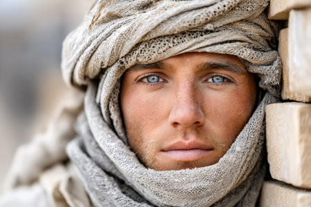 Man with blue eyes wearing traditional headscarf and looking at cameraの素材