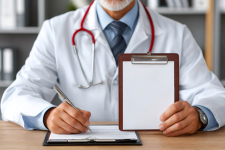 Doctor hands writing notes and holding an empty clipboard for medical informationの素材