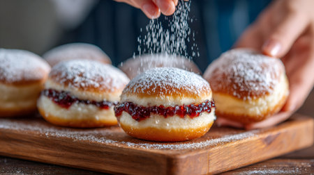 Expert hands putting powdered sugar on freshly baked donuts filled with red jamの素材