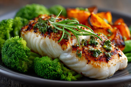 Plate showing grilled fish, fresh broccoli, and roasted sweet potatoes for a healthy mealの素材