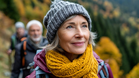 Active senior woman enjoying an autumn hike in nature with her groupの素材