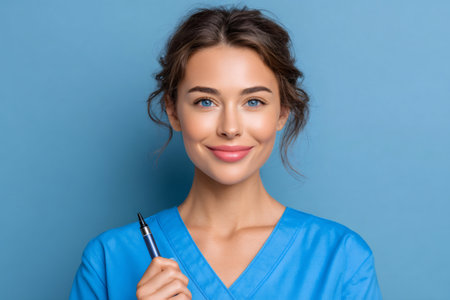 Young female nurse smiling at camera wearing blue scrubs and holding a penの素材