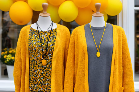 Mannequins showcasing new fashion collection with yellow cardigans and dressesの素材