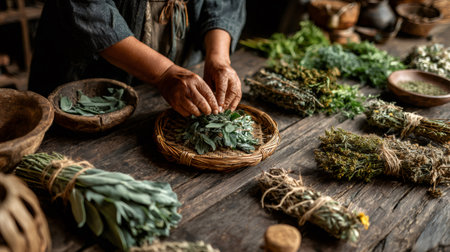 Herbalist hands arranging dried sage leaves on a rustic wooden table full of various herbsの素材