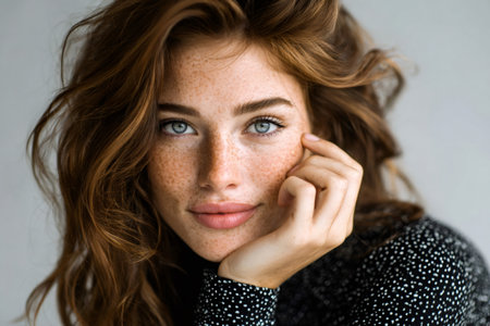 Young woman with beautiful blue eyes and natural red hair looking at camera, resting chin on handの素材