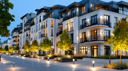 Contemporary residential complex featuring elegant balconies and illuminated streetscape at twilightの素材