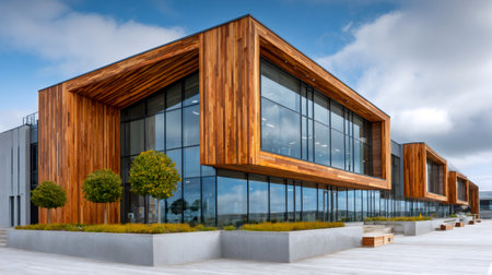 Contemporary commercial building featuring wood elements, reflective glass, and green landscapingの素材