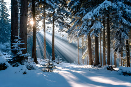 Sunbeams penetrating a snow covered evergreen forest creating a peaceful winter scene on the white groundの素材