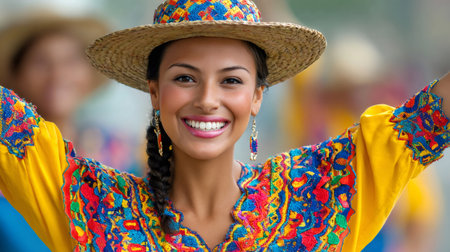 Hispanic woman celebrating culture, wearing embroidered dress and straw hat, looking at cameraの素材