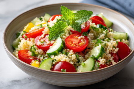 Quinoa salad with cherry tomatoes, cucumber, and mint in a bowl, representing healthy eatingの素材