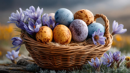 Woven basket holding colorful speckled eggs and purple crocus flowers celebrating springの素材