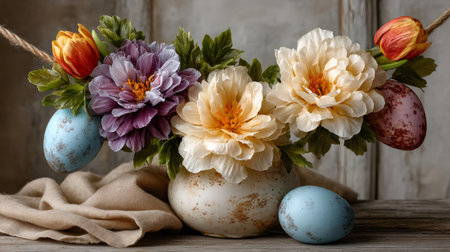 Rustic easter display featuring speckled eggs, colorful flowers, and linen fabricの素材