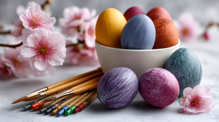 Colorful easter eggs, brushes, and cherry blossoms symbolizing spring and new beginningsの素材