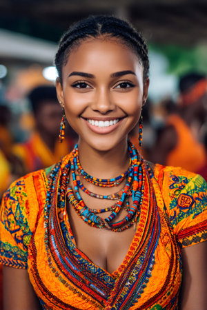 African woman smiling confidently, portraying joy and cultural celebrationの素材