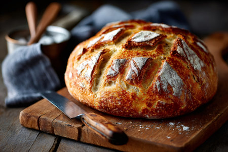 Rustic homemade round bread with a golden crust on a dark wooden surfaceの素材