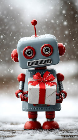 Robot toy presenting a holiday gift while standing outdoors in falling snowの素材