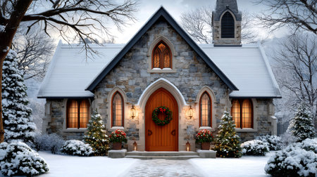Stone church building offering a festive Christmas welcome on a snowy winter dayの素材