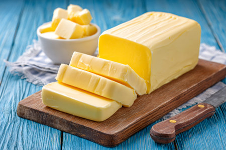 Butter block and cubed pieces preparing for cooking or bakingの素材