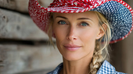 Woman wearing patriotic cowboy hat portrait against wooden backgroundの素材