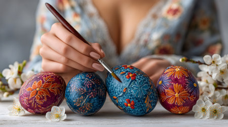 Woman painting intricate floral designs on traditional pysanka easter eggs with a brushの素材