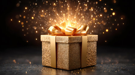 Golden glitter gift box with ribbon releasing illuminating sparks for celebrationsの素材