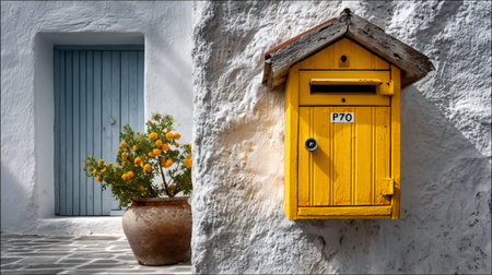 Yellow mailbox contrasted with a white wall and blue door, featuring a potted plantの素材