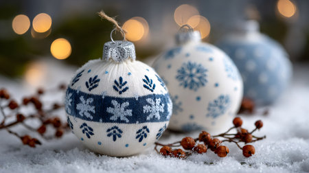Three festive knitted baubles decorating fresh white snow with bokeh lightsの素材