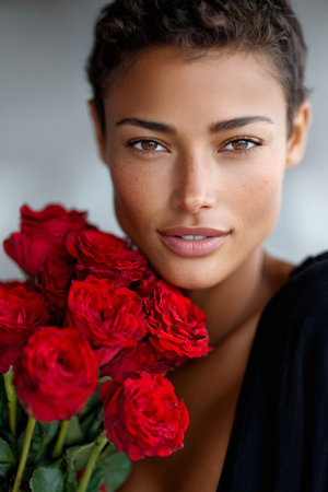 Woman with freckles posing for a portrait holding red roses, symbolizing beauty and loveの素材