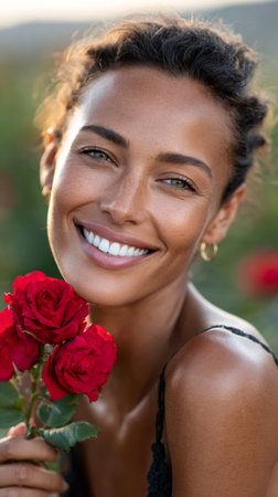 Woman smiling with happiness holding red roses in a beautiful natural settingの素材