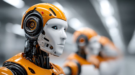 Humanoid robot standing with a futuristic design and complex internal mechanismsの素材