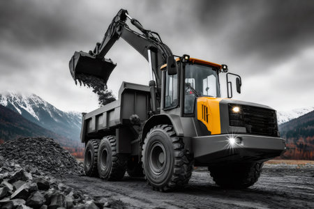 Articulated hauler receiving gravel from excavator on a construction siteの素材
