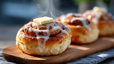 Freshly baked cinnamon rolls steaming on a wooden board ready for breakfastの素材