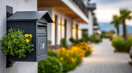 Contemporary black letterbox displaying green plants and yellow flowers on a building wallの素材