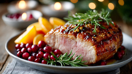 Roasted pork loin on a plate with fresh cranberries and rosemary, representing a holiday dinnerの素材