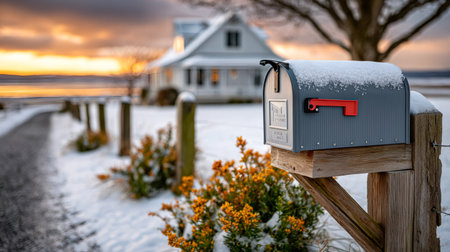 Mailbox covered in snow near a home during a beautiful winter sunriseの素材