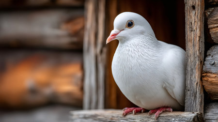 White dove perching peacefully in rustic wooden birdhouse entryの素材