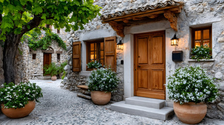 Stone houses lining a charming village alley with potted plants and warm lightsの素材