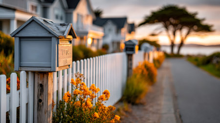 Mailbox resting on a wooden post with flowers and picket fence at sunsetの素材