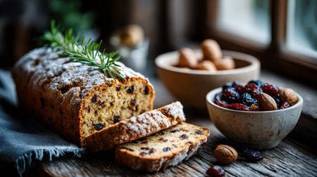 Rustic fruitcake loaf on a wooden table, sprinkled with powdered sugar and rosemaryの素材