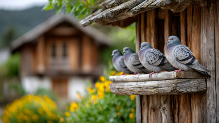 Four pigeons sitting on a wooden dovecote in a rustic countryside settingの素材
