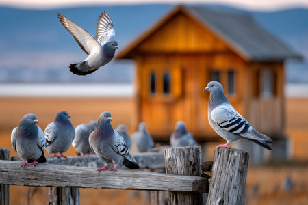 Pigeons gather on a rustic wooden fence with one bird taking flight towards a rural cabinの素材