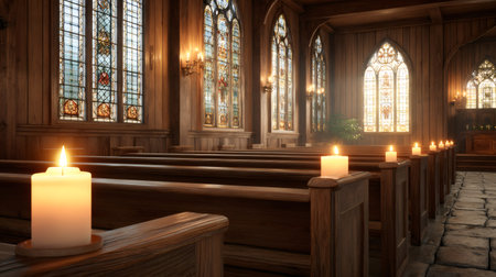 Empty church interior featuring rows of wooden pews illuminated by glowing candlesの素材