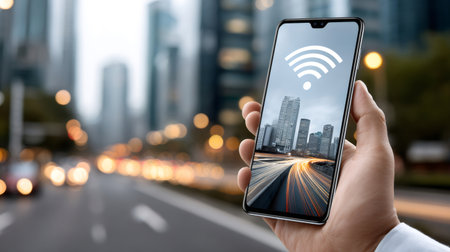 Hand holding smartphone with wi fi symbol over blurred city street and buildingsの素材