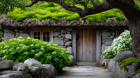 Rustic stone cottage featuring a lush moss roof and blossoming green shrubsの素材