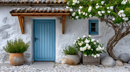 Rustic stone house entrance with blue door, small window, and blooming white rosesの素材