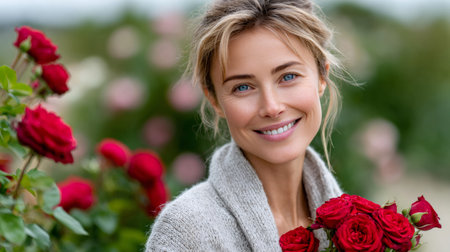 Woman smiling with blonde hair and blue eyes, holding a bouquet of red rosesの素材