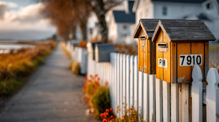 Row of rural mailboxes on a path during an autumn eveningの素材