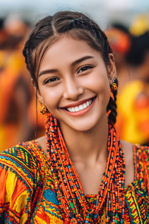 Young woman smiling while wearing vibrant traditional clothing and many layered beaded necklacesの素材