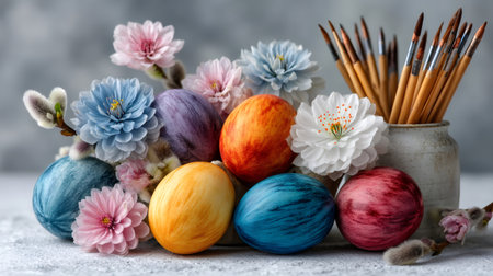 Vibrant dyed eggs with pussy willows, blooming flowers, and art supplies celebrating Easterの素材