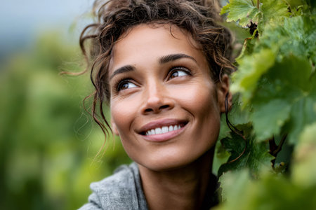 Woman with curly hair smiling in a vineyard, seeing with hope and joyの素材